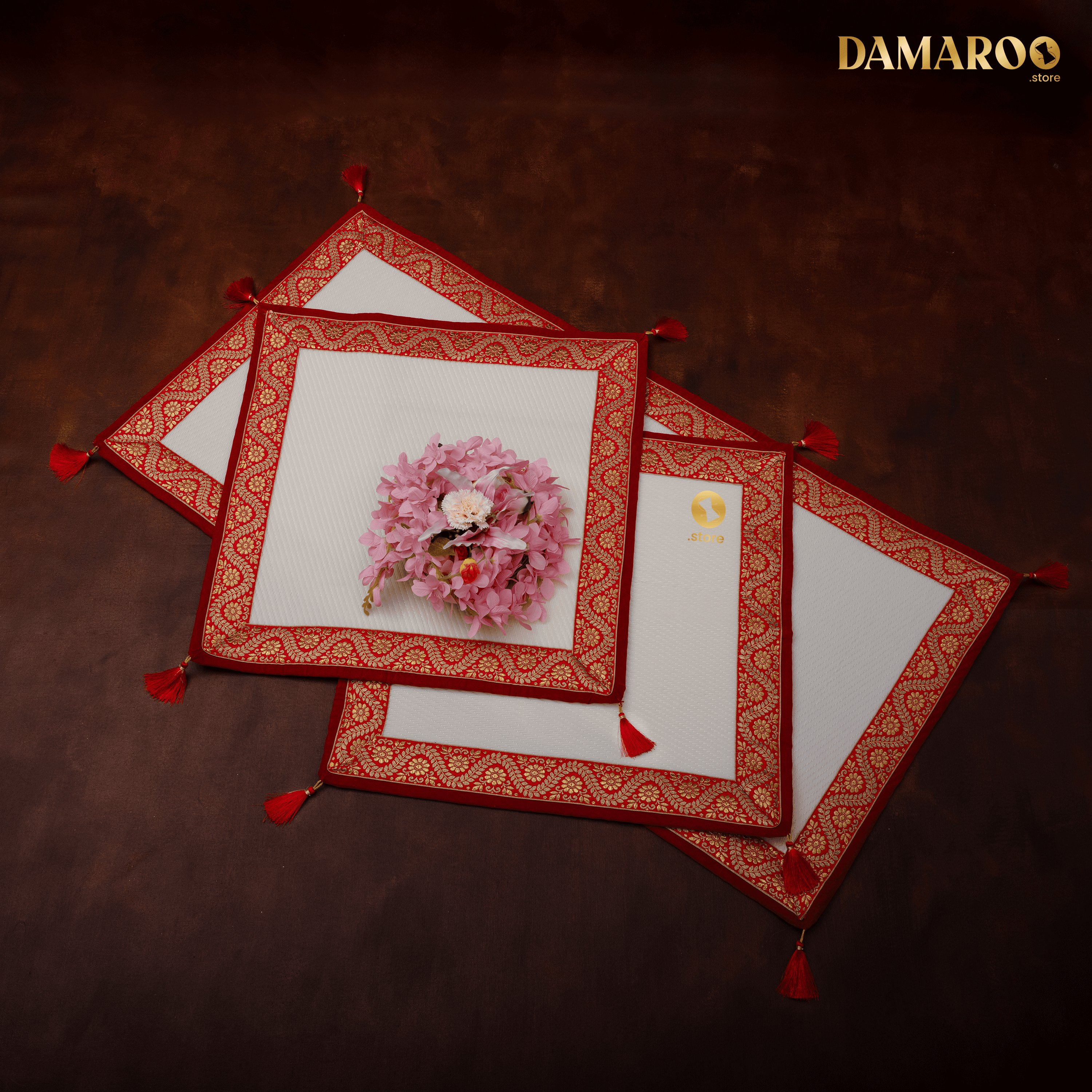 Damaroo Combo Pack of 3 | Graceful Nylon Aasan & Mat | Red & Subtle Golden Trim & Tassels - Cream - Distacart