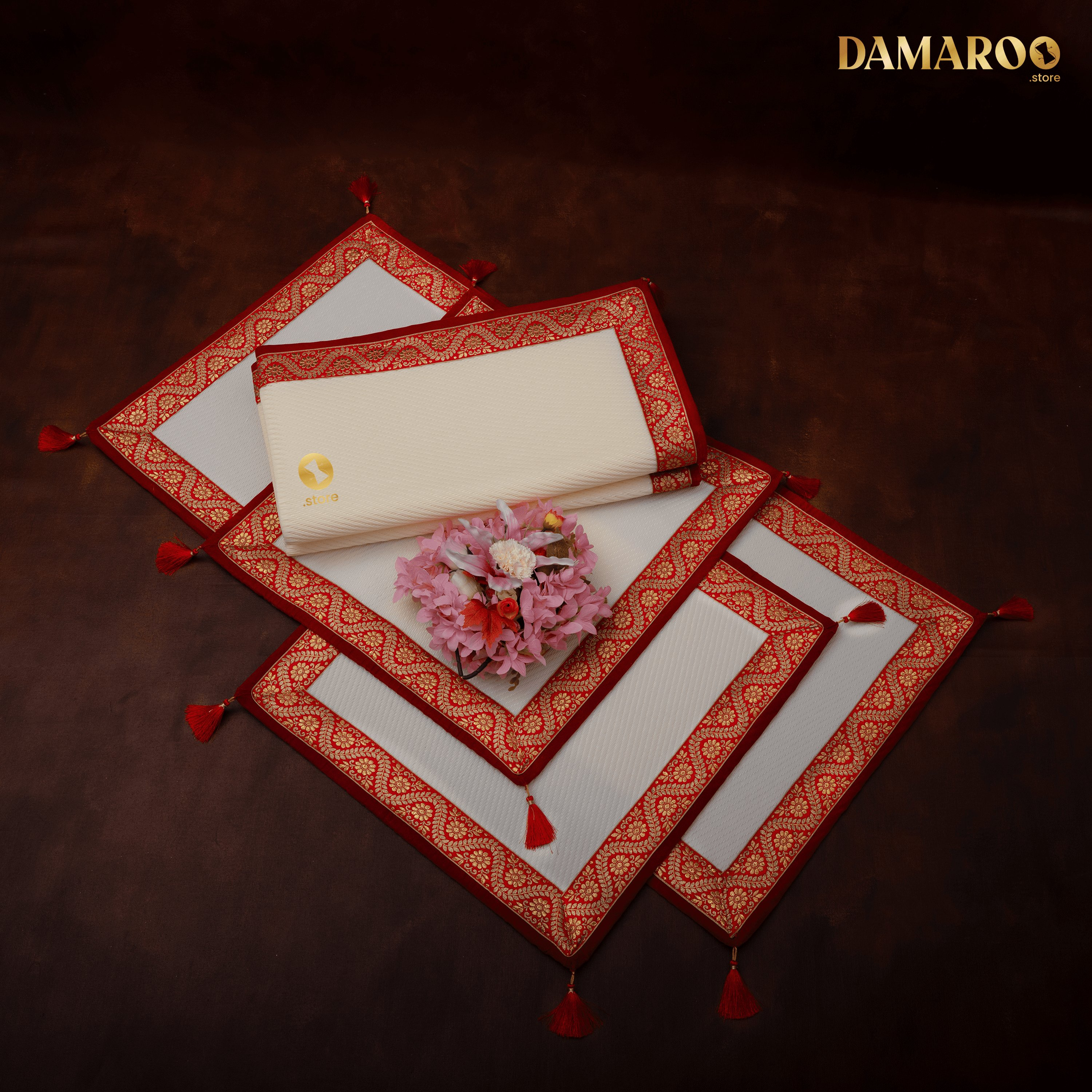 Damaroo Combo Pack of 4 | Graceful Nylon Pooja Aasan & Mat | Red & Subtle Golden Trim & Tassels - Cream - Distacart