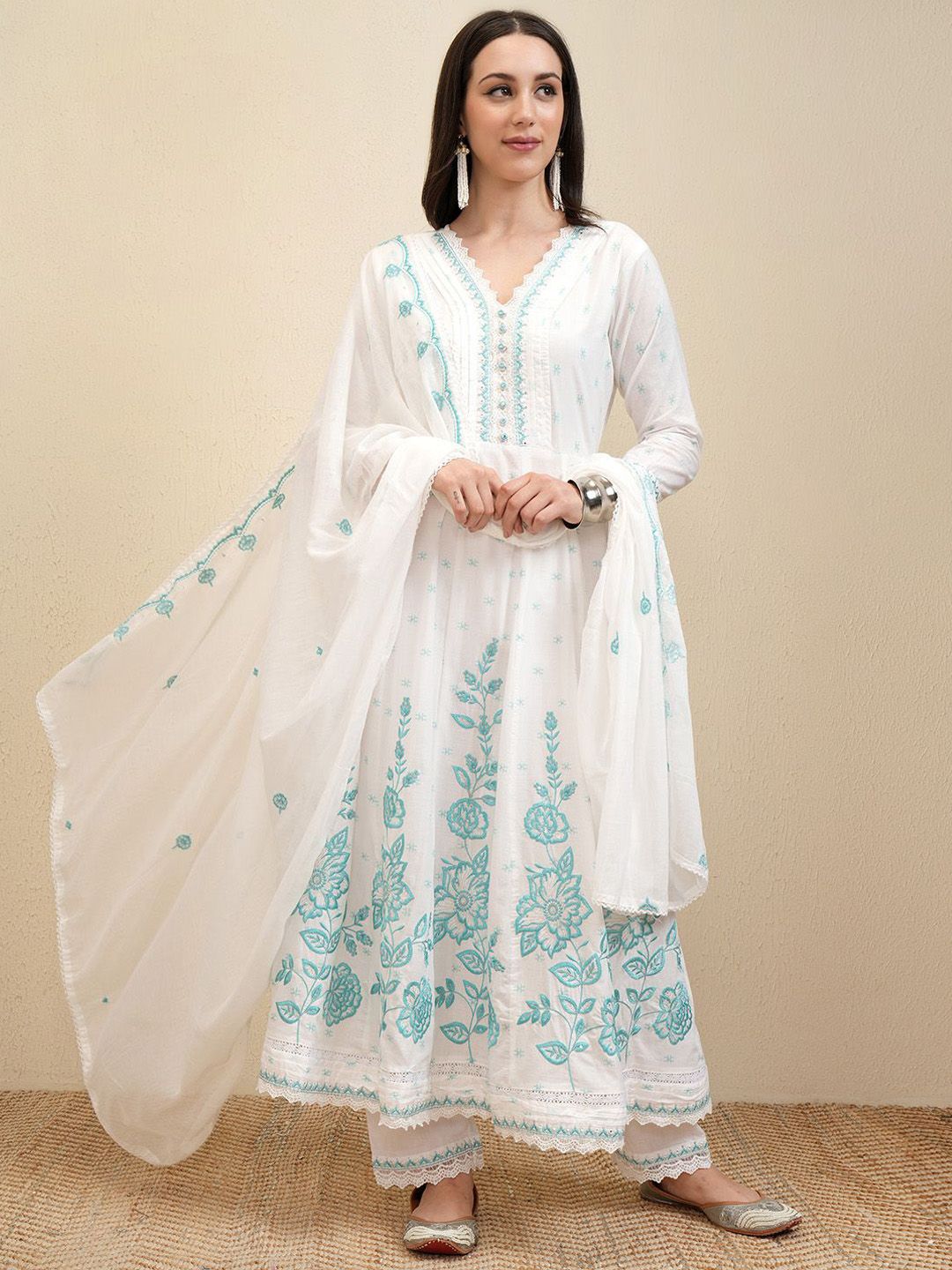 Vishudh White Embroidered Pure Cotton Anarkali Panelled Kurta With Trousers & Dupatta