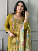 Thumbnail for The52 Mustard Gorgeous Embroidered Viscose Chanderi Fabric Straight Kurta Pant with Dupatta Set - Distacart