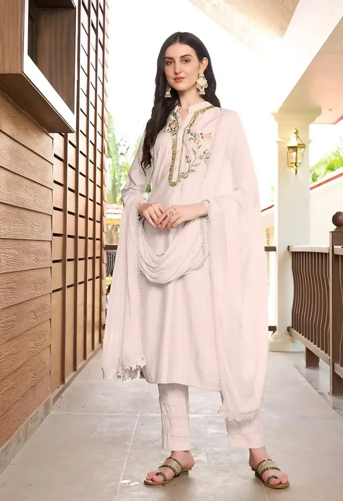 Nikhaar Off White Embroidered Art Silk Straight Cut Readymade Pakistani Suit