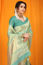 Thumbnail for Jyoti Fashion Women's Sea Green Kanjivaram Silk Zari Woven Saree with Blouse - Distacart