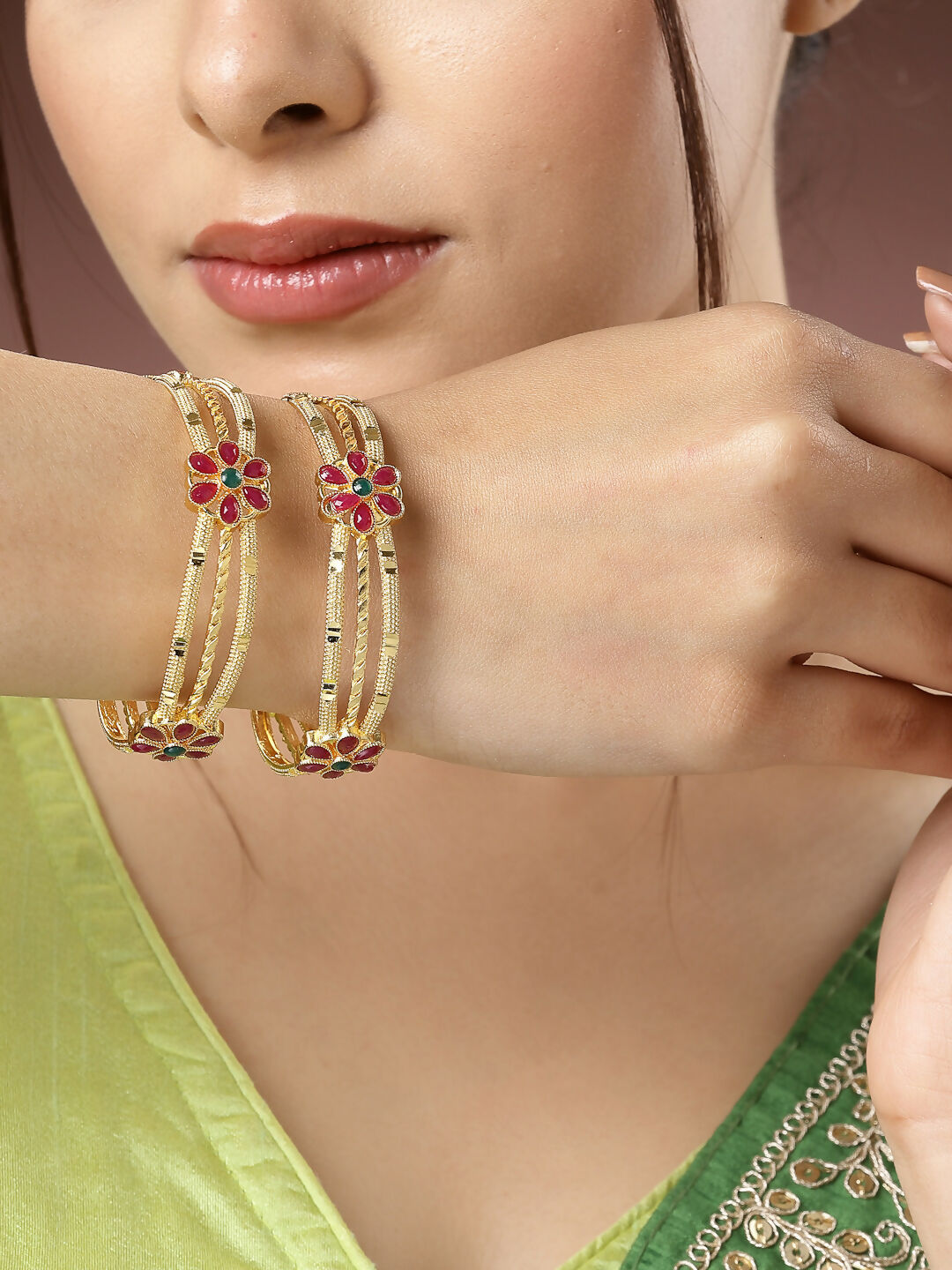 NVR Women's Set of 2 Gold-Plated Artificial Stones Handcrafted Traditional Bangles - Distacart