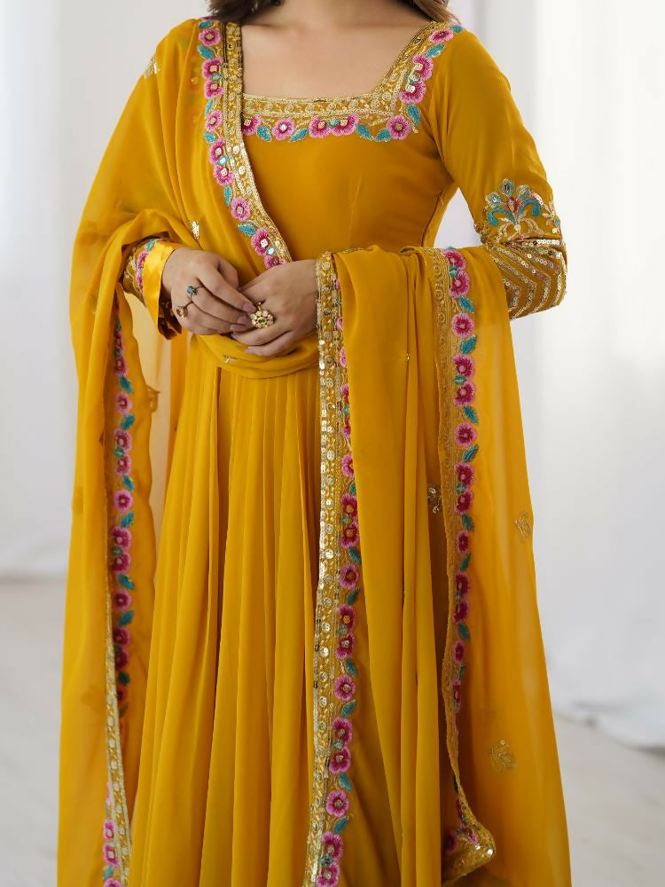 Joban Fashion Mustard Georgette Sequence Embroidery Work Readymade Kurta Set
