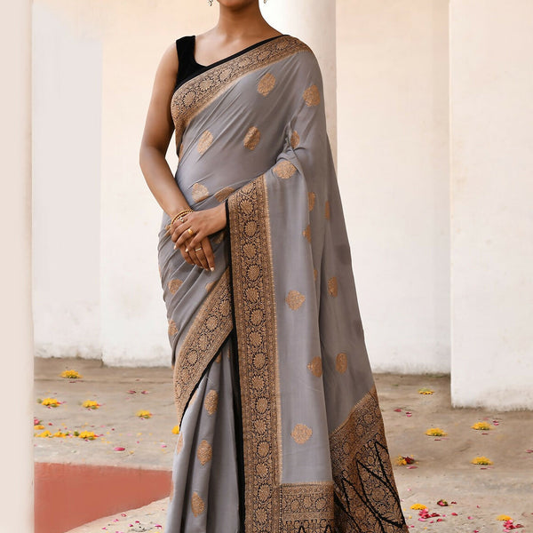 Joban Fashion Grey Crepe Chiffon Pure Handloom Banarasi Silk Saree - Dista