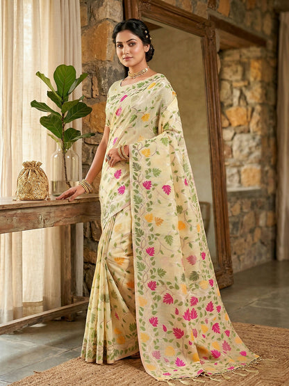 Shree Shyam Fashion Cream Linen Cotton Saree - Distacart