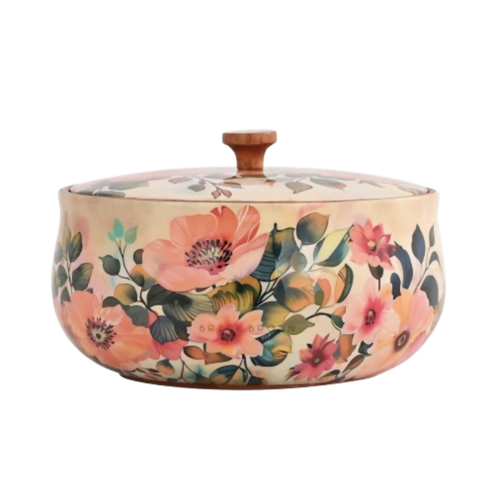 Brick Brown Handcrafted Enamel Coated Wooden Pastel Flora Roti Box - Dista