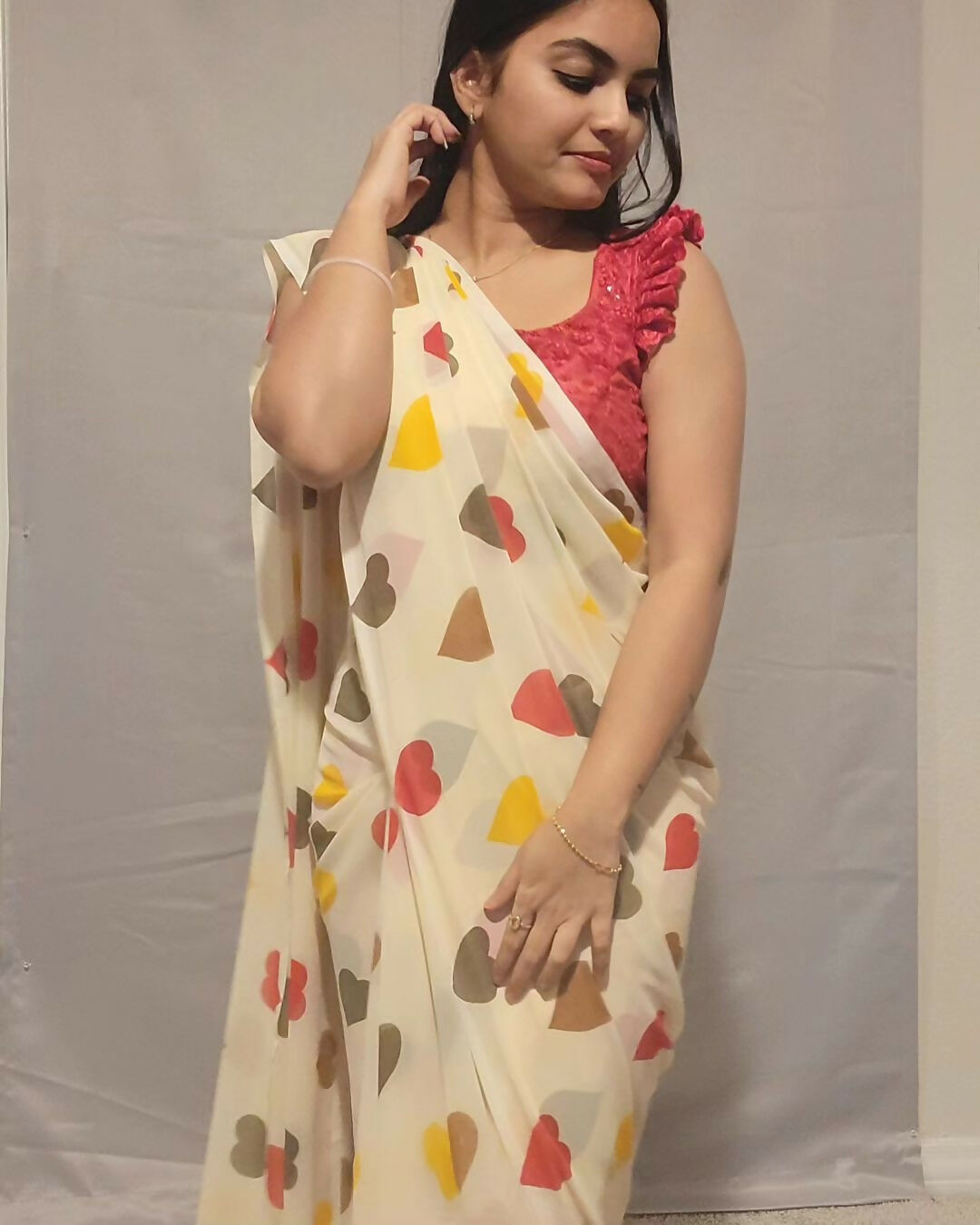 Malishka Georgette Printed Ready To Wear Saree With Blouse Piece - Beige - Distacart