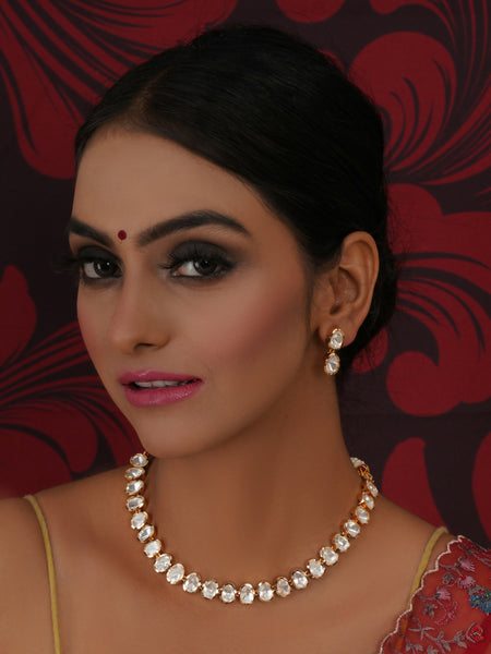 Kundan Choker with Studs Jewellery Set (Gold) - Ruby Raang - Distacart