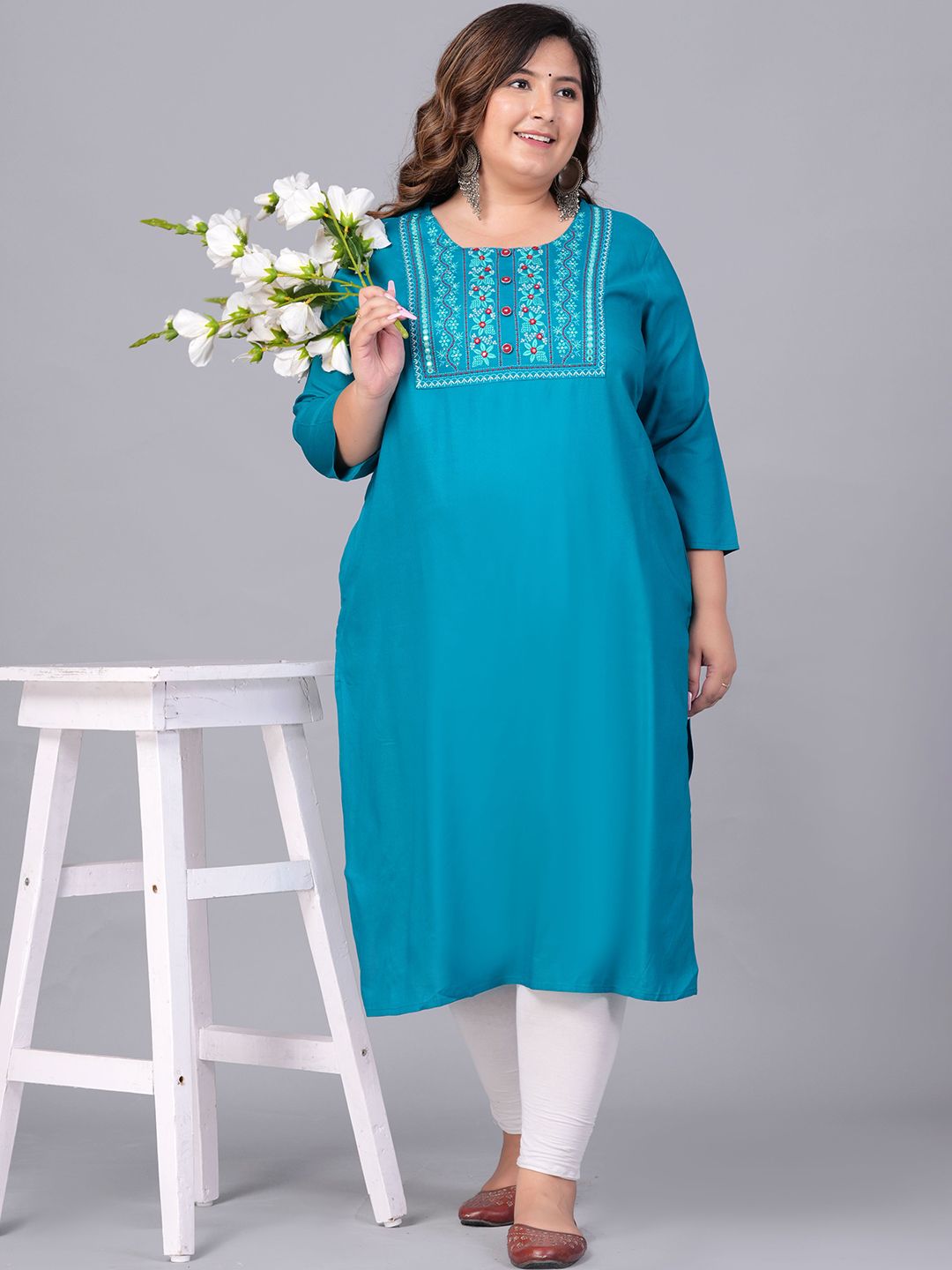 Sztori Women Printed Flared Sleeves Thread Work Kurta