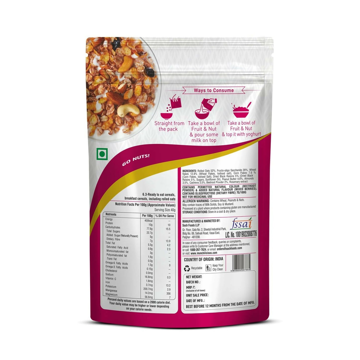 Munchilicious Muesli - Fruit & Nut, 75% Nuts, Grains, Seeds, Fruits & Berries - Distacart