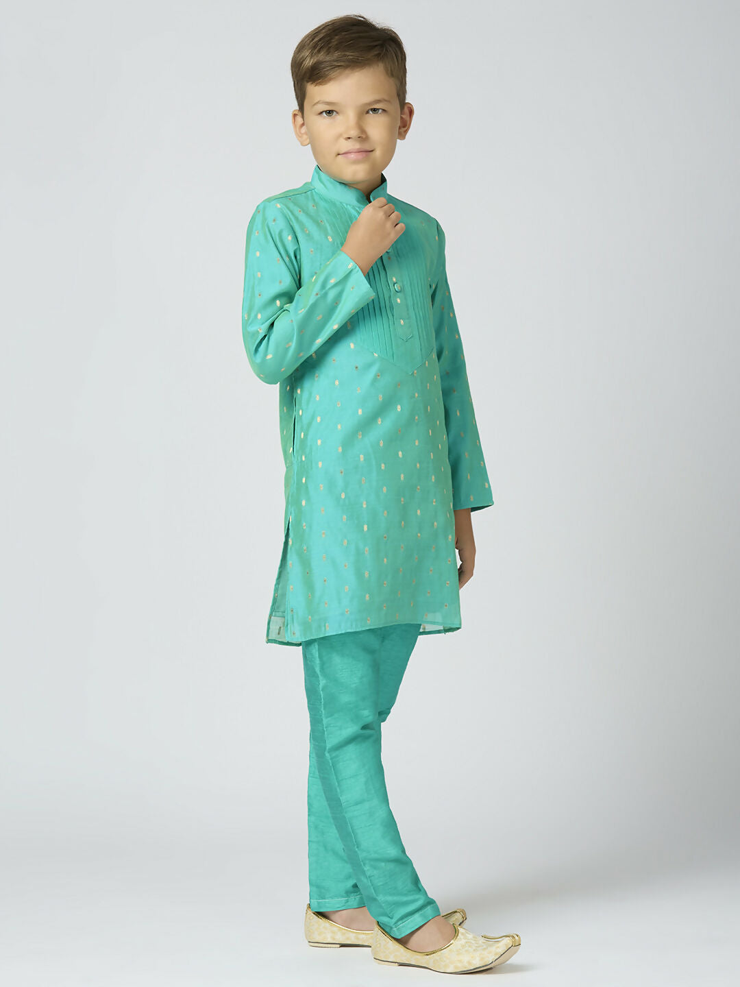 Joban Fashion Kids Island Full Sleeves Chanderi Kurta, Pyjama Set with Traditional Butta Work - Sea Green - Distacart