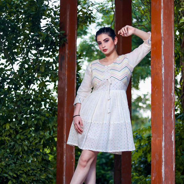 Aayaa Designer Multi Thread Hand Work Khadi Cotton One Piece Dress - Off White - Distacart