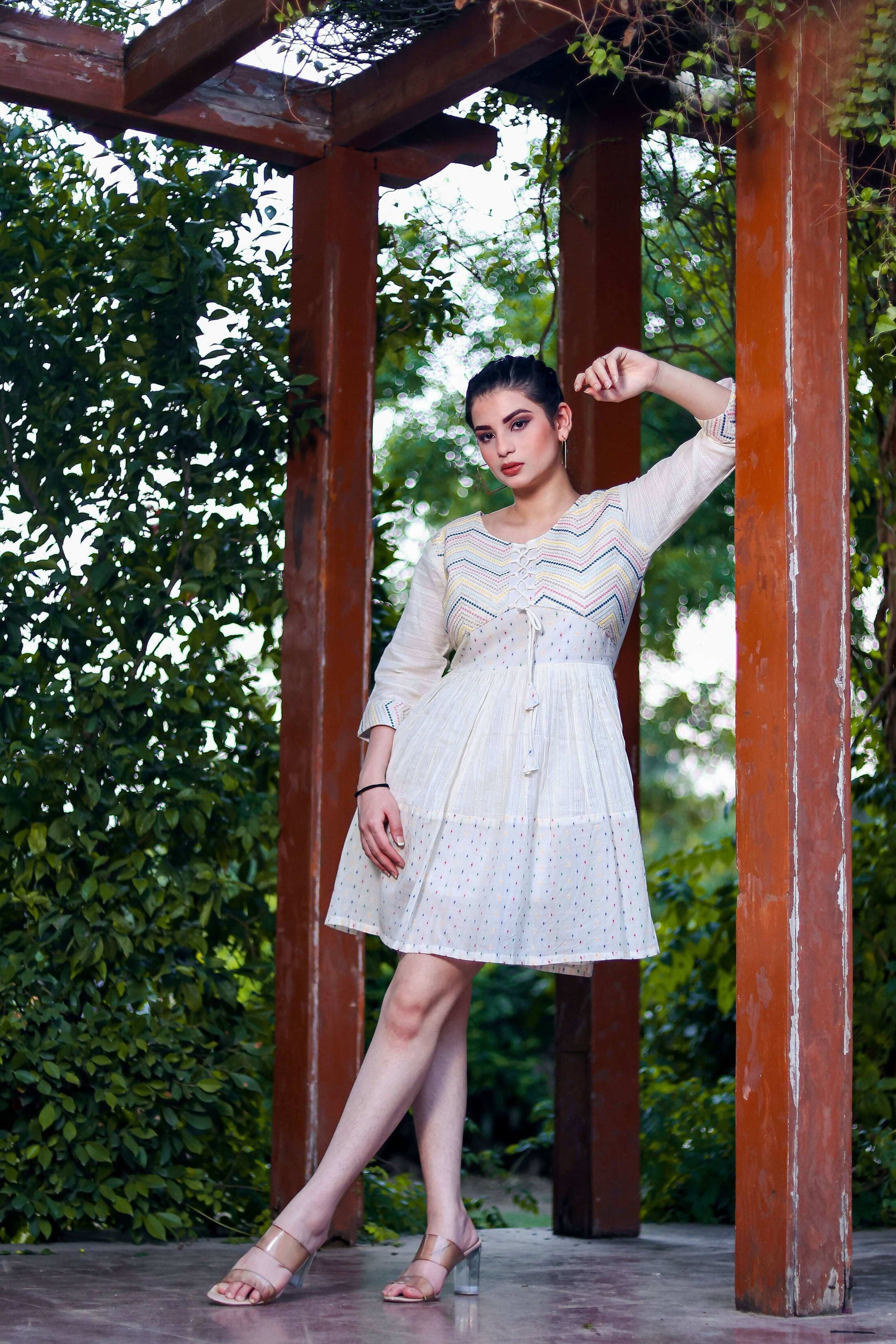 Aayaa Designer Multi Thread Hand Work Khadi Cotton One Piece Dress - Off White - Distacart