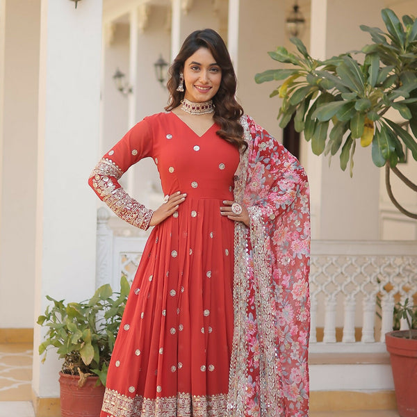 Joban Fashion Orange Georgette Sequence Embroidery Work Kurta Set - Distacart