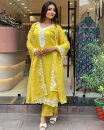 Thumbnail for The52 Yellow Women's Gorgeous Embroidered Georgette Fabric Straight Kurta Pant with Dupatta Set - Distacart