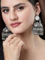 Thumbnail for NVR Women's Silver Plated Mirror Work Oxidised Contemporary Jhumka Earrings - Distacart