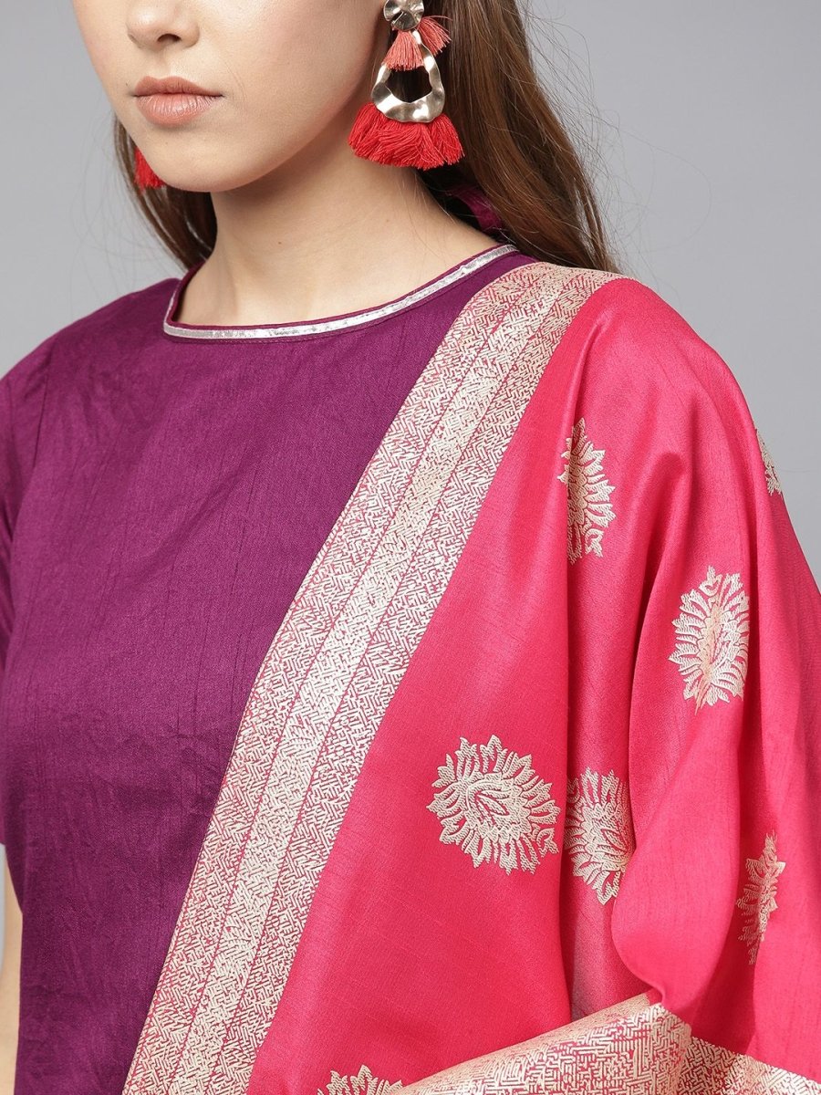 Ahalyaa Women's Purple Poly Silk Solid Kurta and Red Printed Sharara With Dupatta