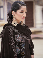 Thumbnail for Jyoti Fashion Women's Brown Velvet Resham Thread with Jari & Sequin Kurta with Trouser & Dupatta - Distacart