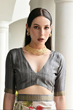 Thumbnail for Vishnu Weaves Women's Grey Satin Silk Printed Saree with Blouse