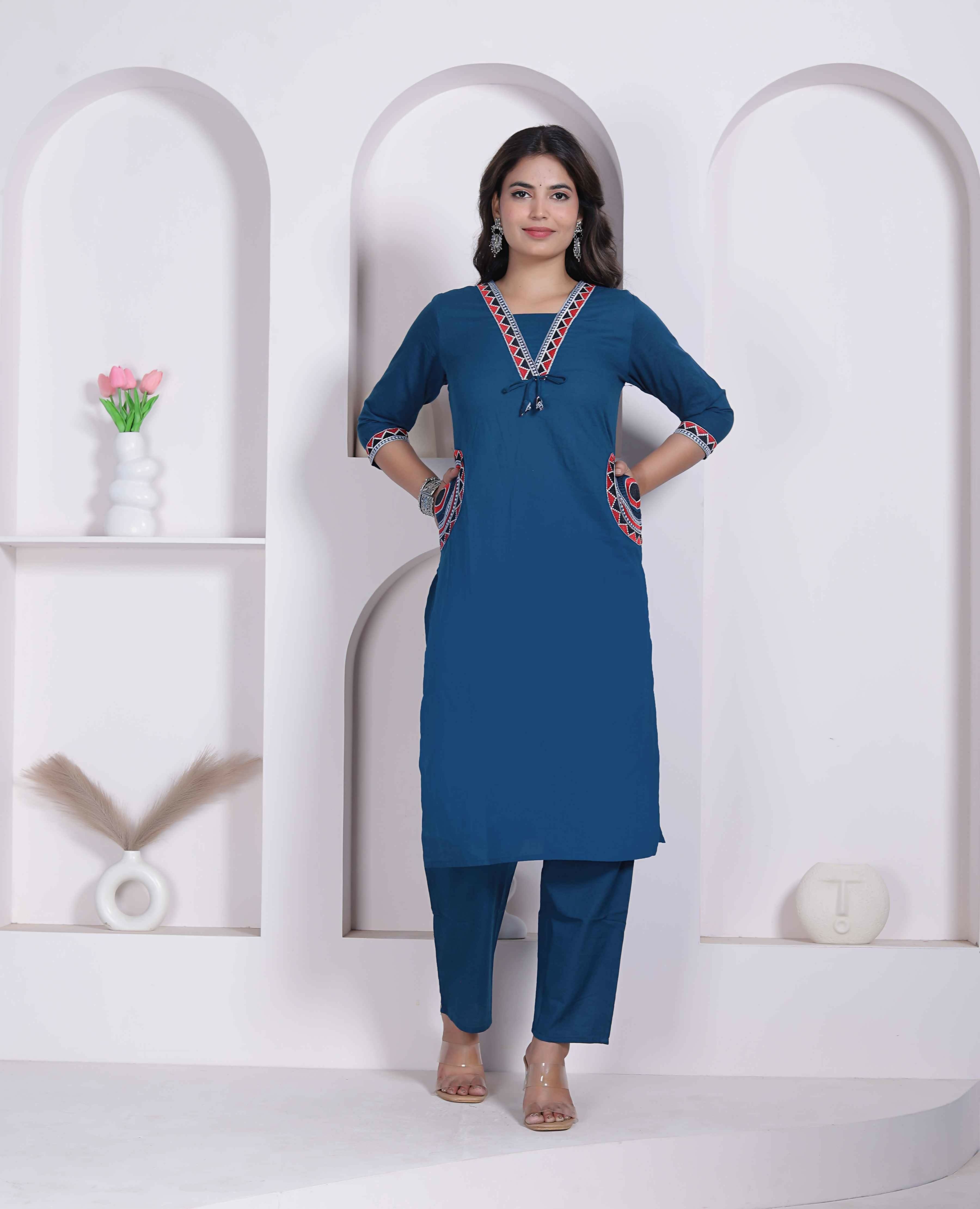 Miravan Womens Blue Straight Kurta With Palazzo Set - Dista