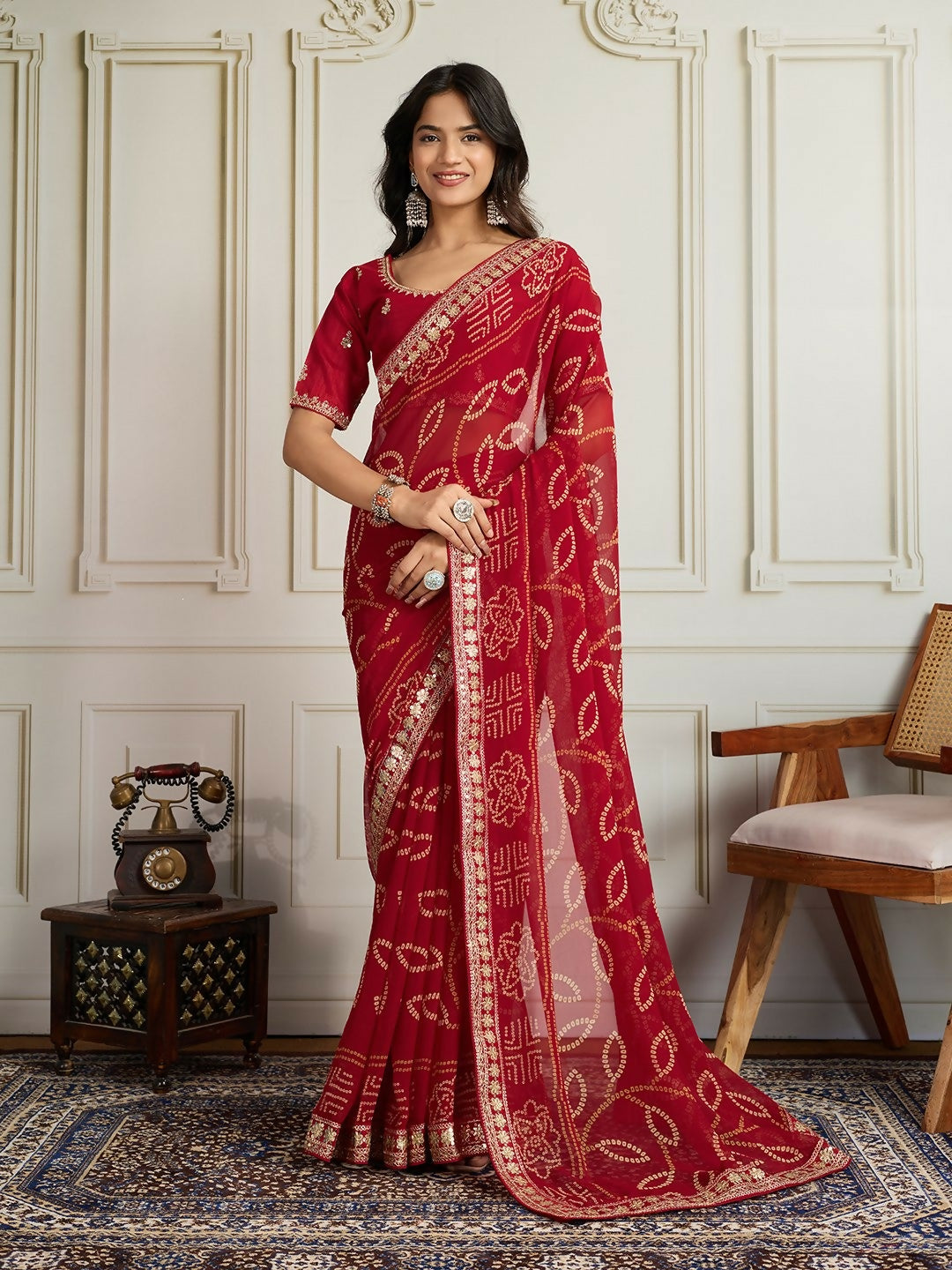 Ai Fashion Red Georgette Rajwadi Bandhani Print Party Wear Saree