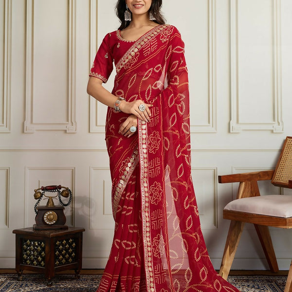 Ai Fashion Red Georgette Rajwadi Bandhani Print Party Wear Saree - Distacart