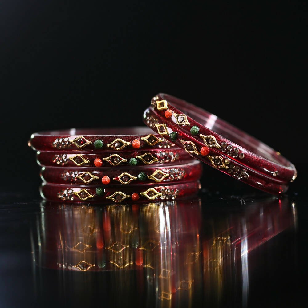 Afast Designer Fancy Party Bangle/ Kada Set, Maroon, Glass, Pack Of 8 - Distacart