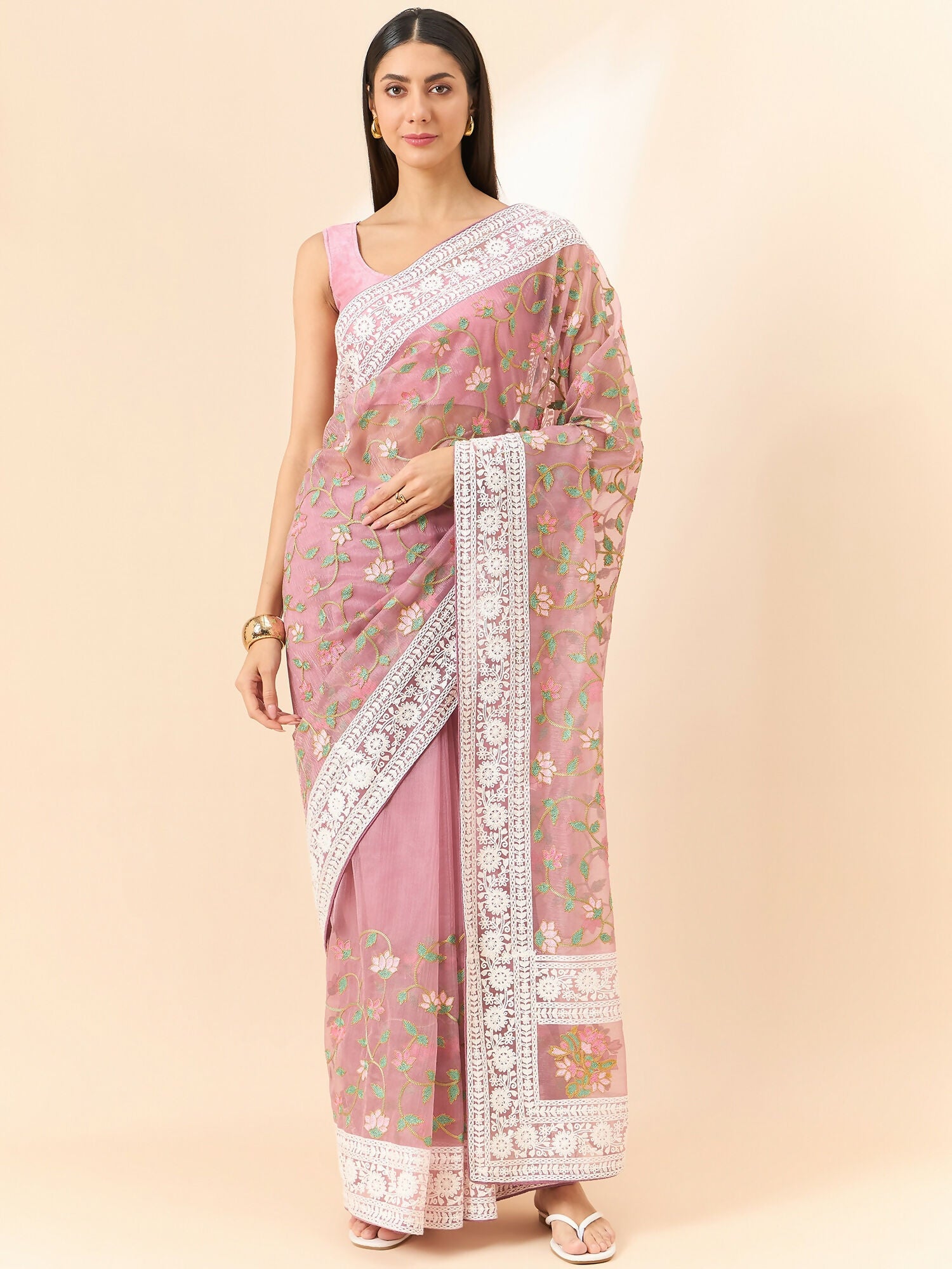 Pink Organza Floral Embroidered Saree with Unstitched Blouse Piece - Roozal - Distacart