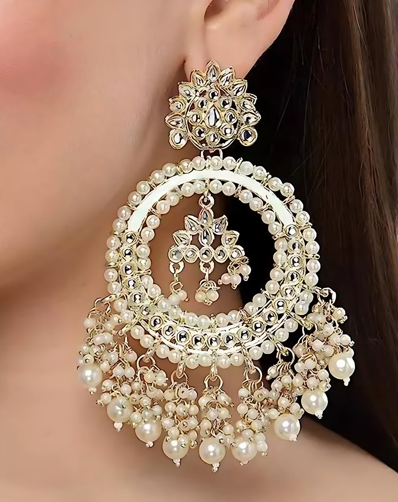 Jewel City Luxurious Pearl Chandelier Earrings - Traditional Indian Kundan Style Statement Jewelry for Wedding & Festive Wear