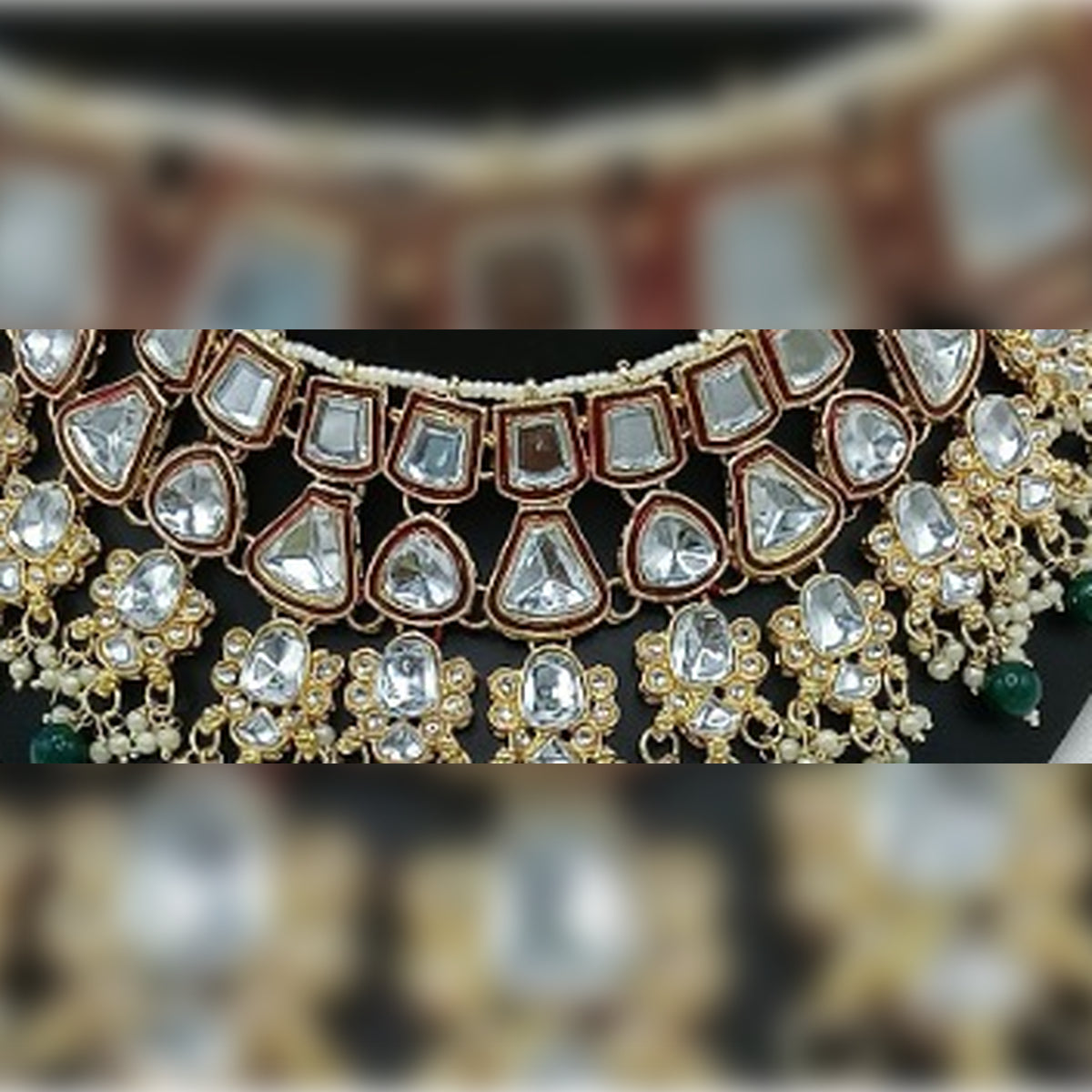 Jewel City Royal Kundan Bridal Jewelry Set - Emerald Green & Crystal Choker with Earrings & Maang Tikka