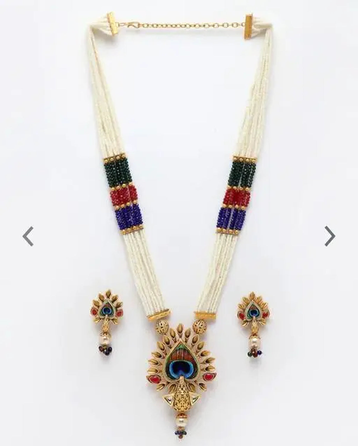 Jewel City Traditional Pearl Rani Haar with Peacock Pendant - Multicolor Beaded Wedding Necklace Set with Designer Earrings