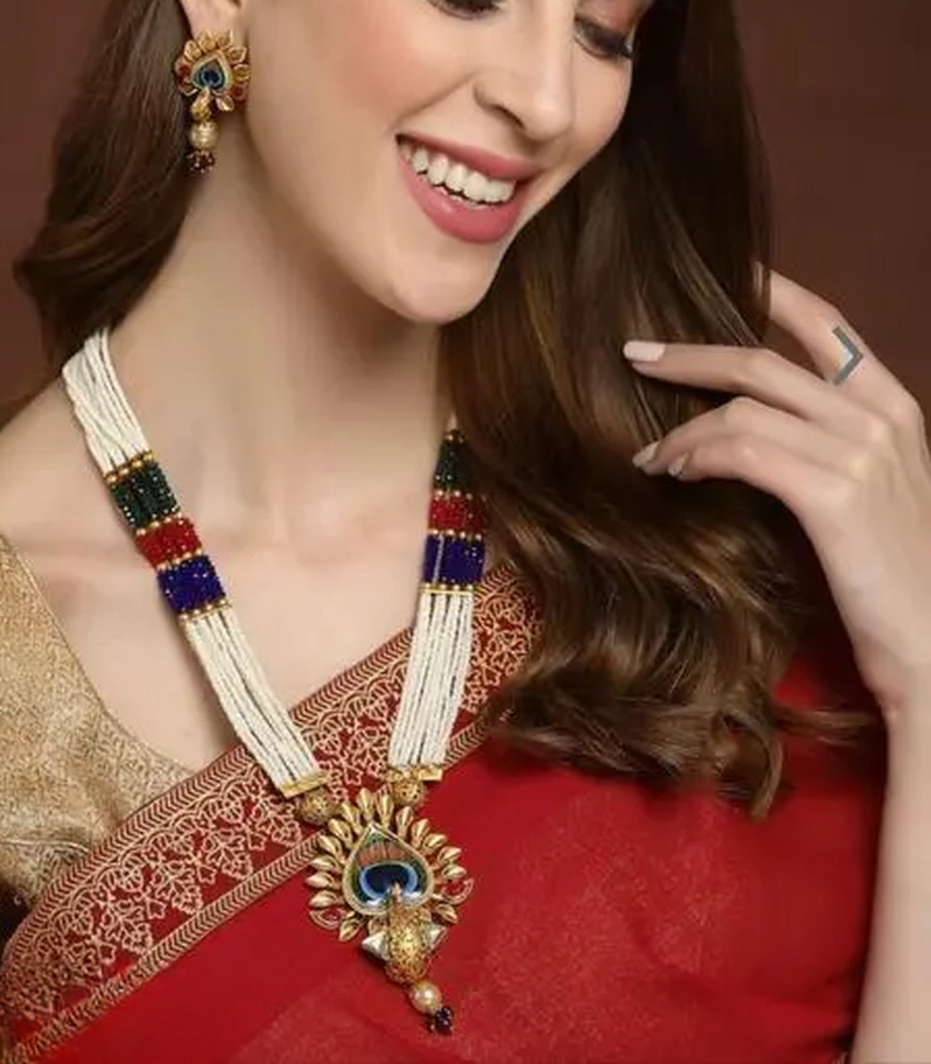 Jewel City Traditional Pearl Rani Haar with Peacock Pendant - Multicolor Beaded Wedding Necklace Set with Designer Earrings