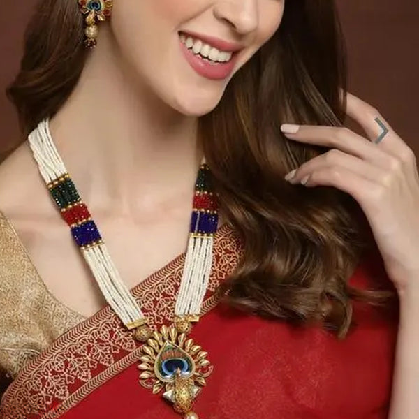 Jewel City Traditional Pearl Rani Haar with Peacock Pendant - Multicolor Beaded Wedding Necklace Set with Designer Earrings