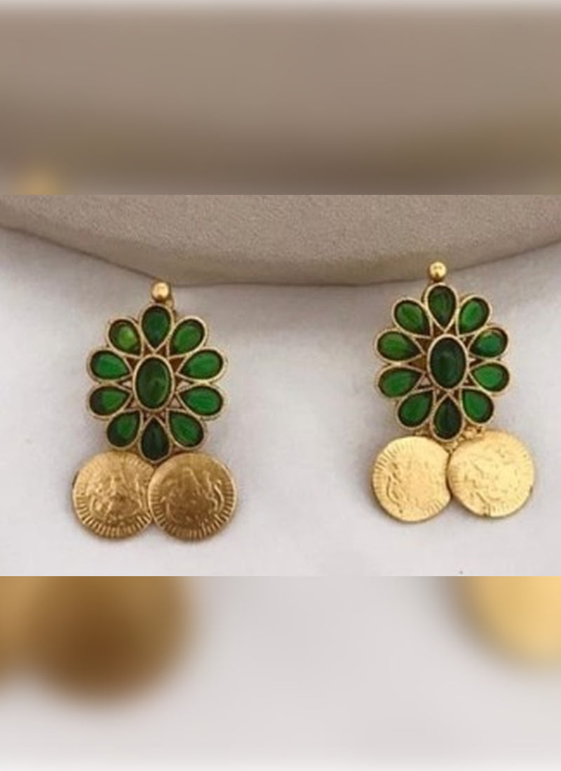Jewel City Traditional Lakshmi Coin Necklace Set with Emerald Green Stones - Antique Gold Temple Jewelry for Indian Weddings and Festivals