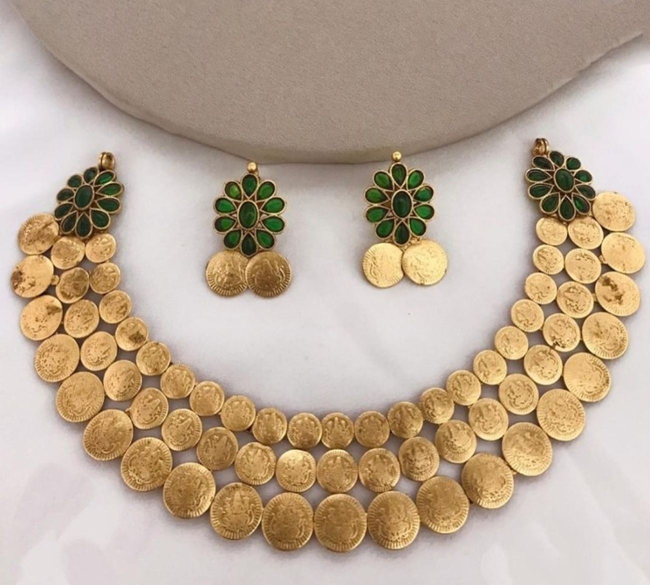 Jewel City Traditional Lakshmi Coin Necklace Set with Emerald Green Stones - Antique Gold Temple Jewelry for Indian Weddings and Festivals