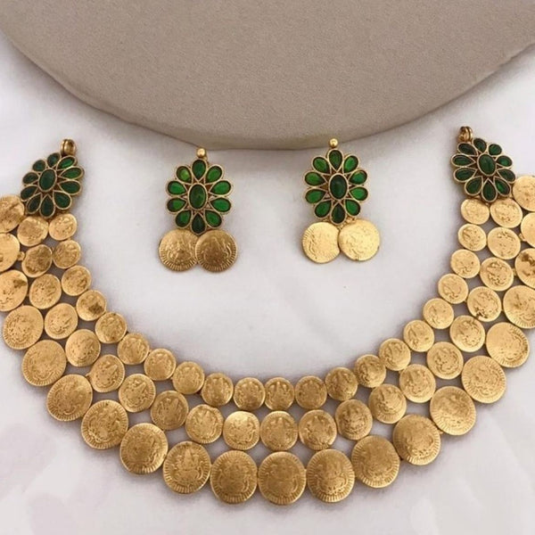 Jewel City Traditional Lakshmi Coin Necklace Set with Emerald Green Stones - Antique Gold Temple Jewelry for Indian Weddings and Festivals - Distacart