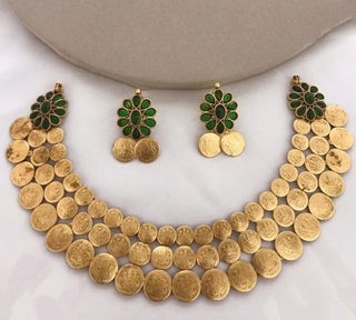 Jewel City Traditional Lakshmi Coin Necklace Set with Emerald Green Stones - Antique Gold Temple Jewelry for Indian Weddings and Festivals