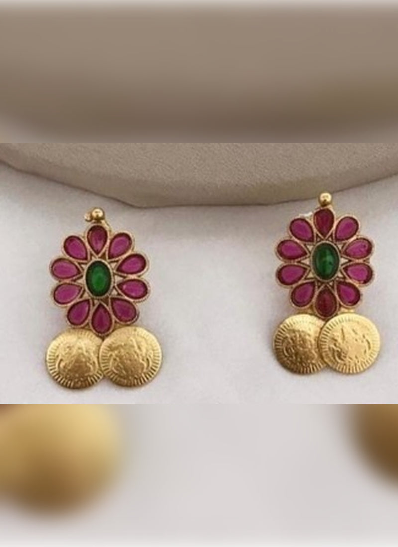 Jewel City Traditional Lakshmi Coin Necklace Set with Red Green Stones - Antique Gold Temple Jewelry for Indian Weddings and Festivals