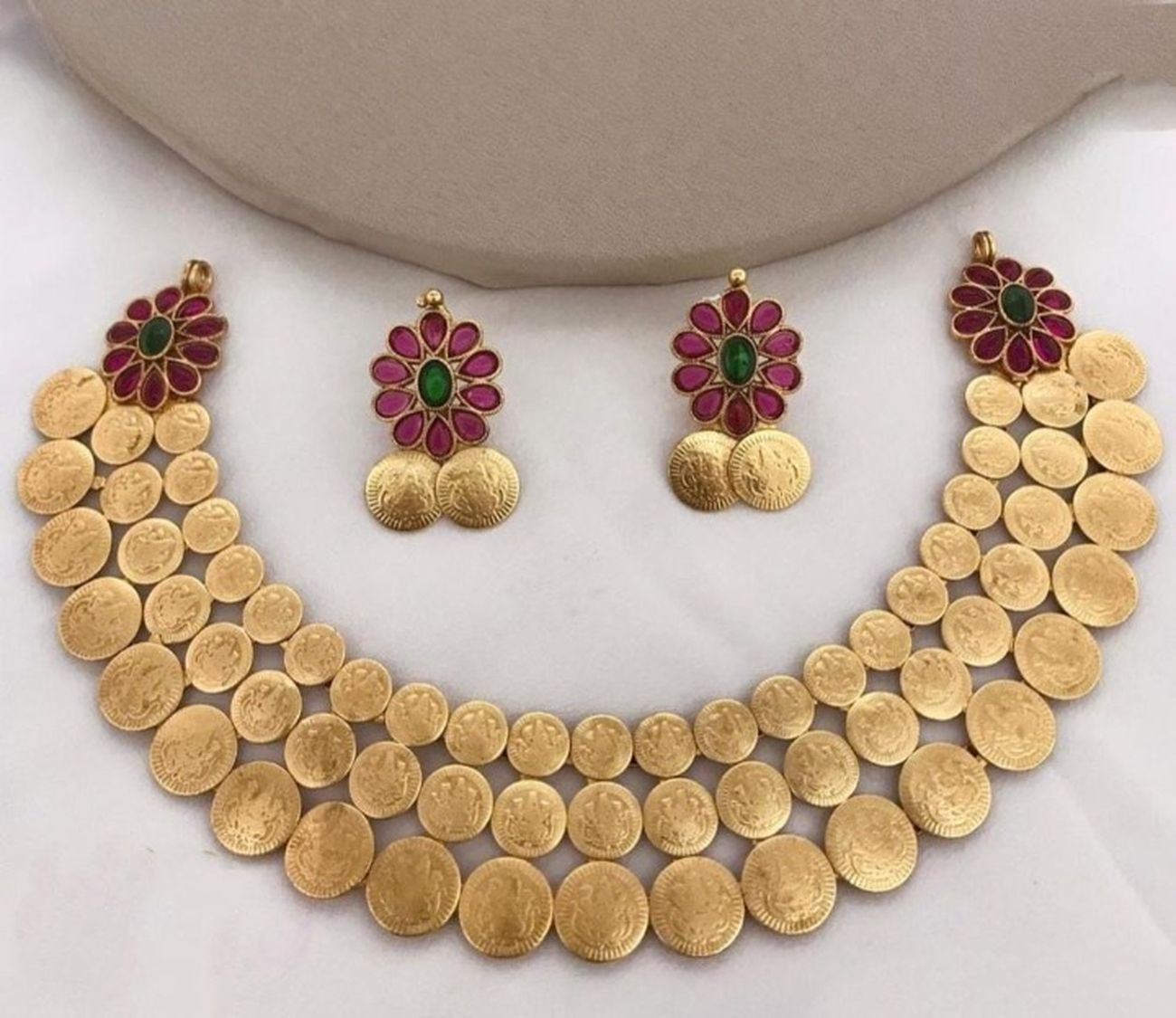 Jewel City Traditional Lakshmi Coin Necklace Set with Red Green Stones - Antique Gold Temple Jewelry for Indian Weddings and Festivals