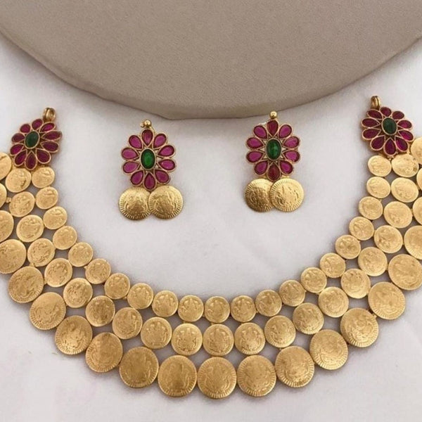 Jewel City Traditional Lakshmi Coin Necklace Set with Red Green Stones - Antique Gold Temple Jewelry for Indian Weddings and Festivals
