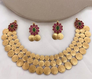 Jewel City Traditional Lakshmi Coin Necklace Set with Red Green Stones - Antique Gold Temple Jewelry for Indian Weddings and Festivals