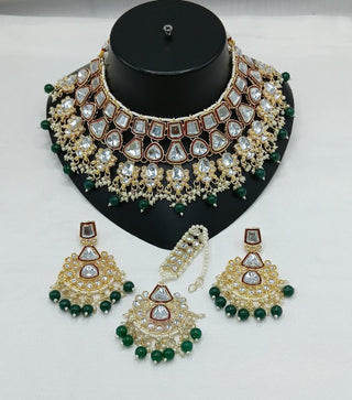 Jewel City Royal Kundan Bridal Jewelry Set - Emerald Green & Crystal Choker with Earrings & Maang Tikka