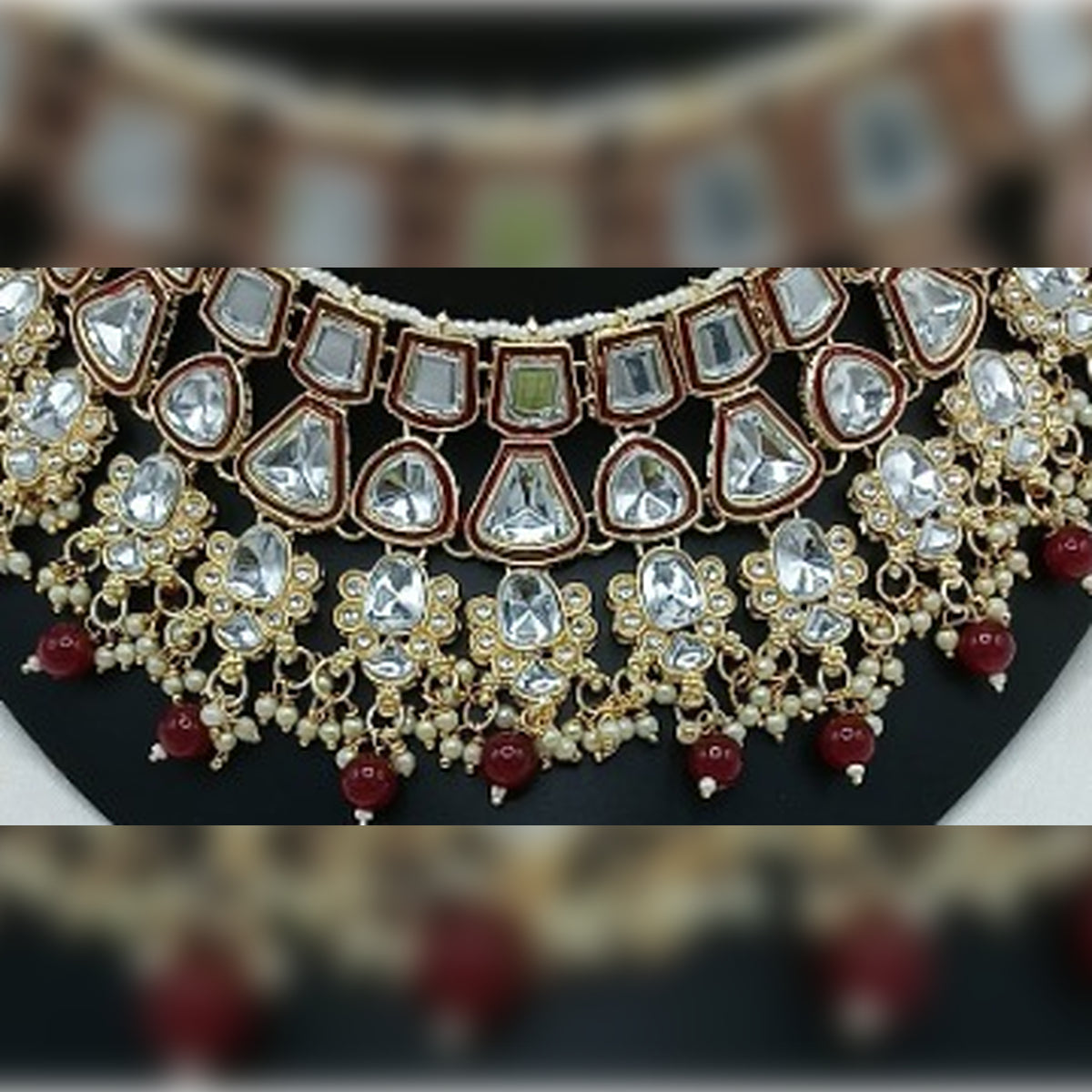 Jewel City Royal Kundan Bridal Jewelry Set - Maroon & Crystal Choker with Earrings & Maang Tikka