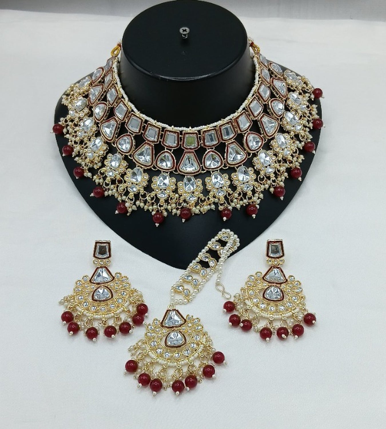 Jewel City Royal Kundan Bridal Jewelry Set - Maroon & Crystal Choker with Earrings & Maang Tikka