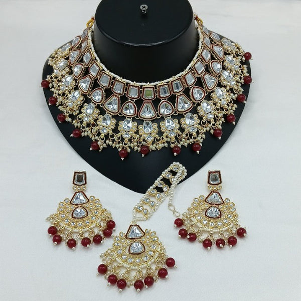 Jewel City Royal Kundan Bridal Jewelry Set - Maroon & Crystal Choker with Earrings & Maang Tikka - Distacart