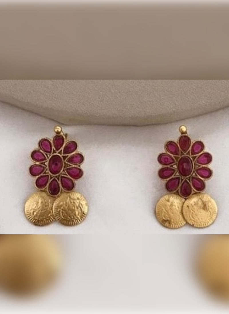 Jewel City Traditional Lakshmi Coin Necklace Set with Vibrant Red Stones - Antique Gold Temple Jewelry for Indian Weddings and Festivals