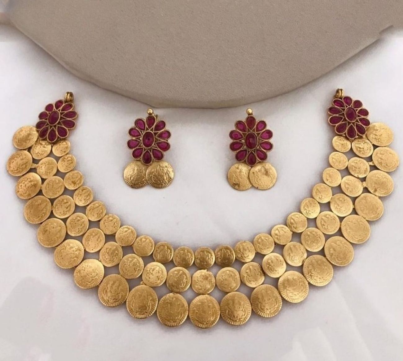 Jewel City Traditional Lakshmi Coin Necklace Set with Vibrant Red Stones - Antique Gold Temple Jewelry for Indian Weddings and Festivals