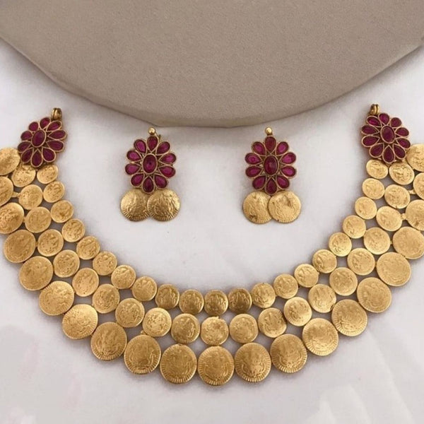 Jewel City Traditional Lakshmi Coin Necklace Set with Vibrant Red Stones - Antique Gold Temple Jewelry for Indian Weddings and Festivals - Distacart