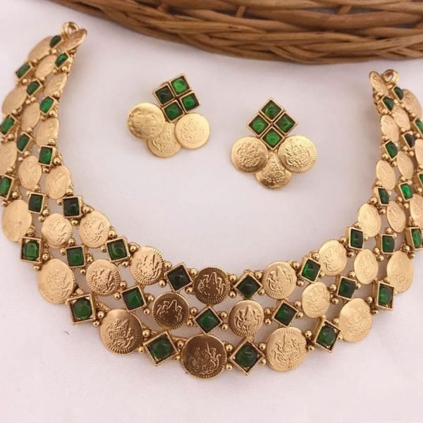 Jewel City Luxurious Temple Coin Necklace Set with Emerald Green Stones - Traditional South Indian Goddess Lakshmi Design Wedding Jewelry Collection - Distacart